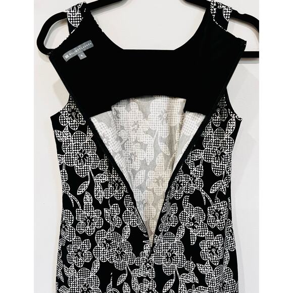 Size 6 ELLIOTT LAUREN Lightweight Black & White Flower Checked Sleeveless Dress - Picture 3 of 7
